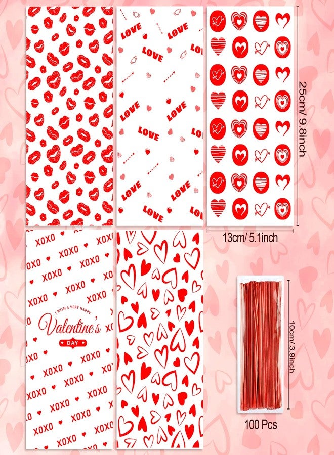 Qpout 100 Pieces Valentine's Day Cellophane Treats Bags, Love Heart Lips Design Valentines Party Candy Goodies Plastic Packing Bags for Valentines Kids Birthday Wedding Party Favor Gifts Decoration - Image 2